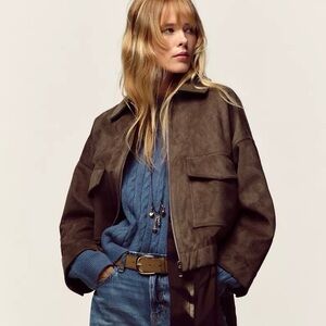 NWT ZARA Medium Brown Faux Suede Cropped Utility Jacket